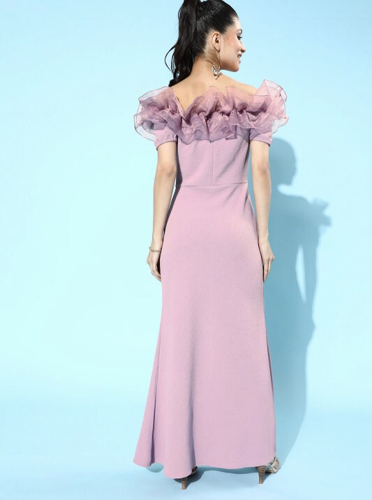 scuba off shoulder dress Lavender Scuba Bodycon Maxi Tulle Dress with Ruffled Shoulder, Off Shoulder Dresses For Women, Party Wear Dress, Indian Dress For Women -