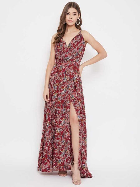 Floral Printed Slit Maxi Dress vitansethnics