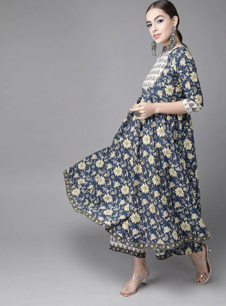 Navy Blue Pure Cotton Floral Print Kurta with Palazzos & Dupatta vitansethnics