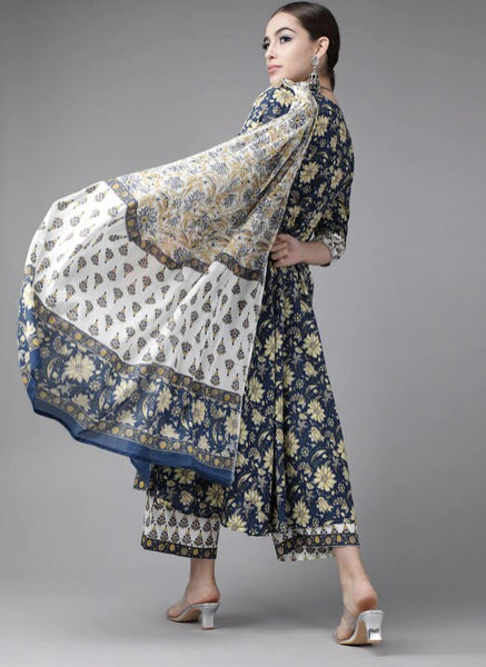 Navy Blue Pure Cotton Floral Print Kurta with Palazzos & Dupatta vitansethnics