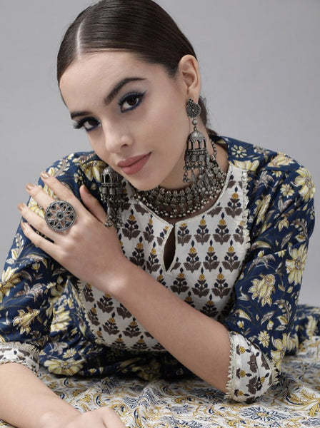 Navy Blue Pure Cotton Floral Print Kurta with Palazzos & Dupatta vitansethnics