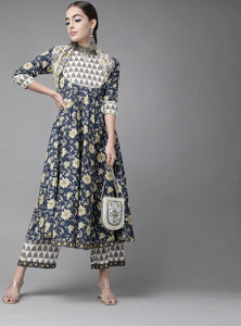 Navy Blue Pure Cotton Floral Print Kurta with Palazzos & Dupatta vitansethnics