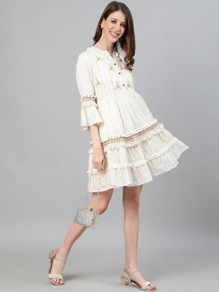 Off-White Self Design Cotton Fit and Flare Dress vitansethnics