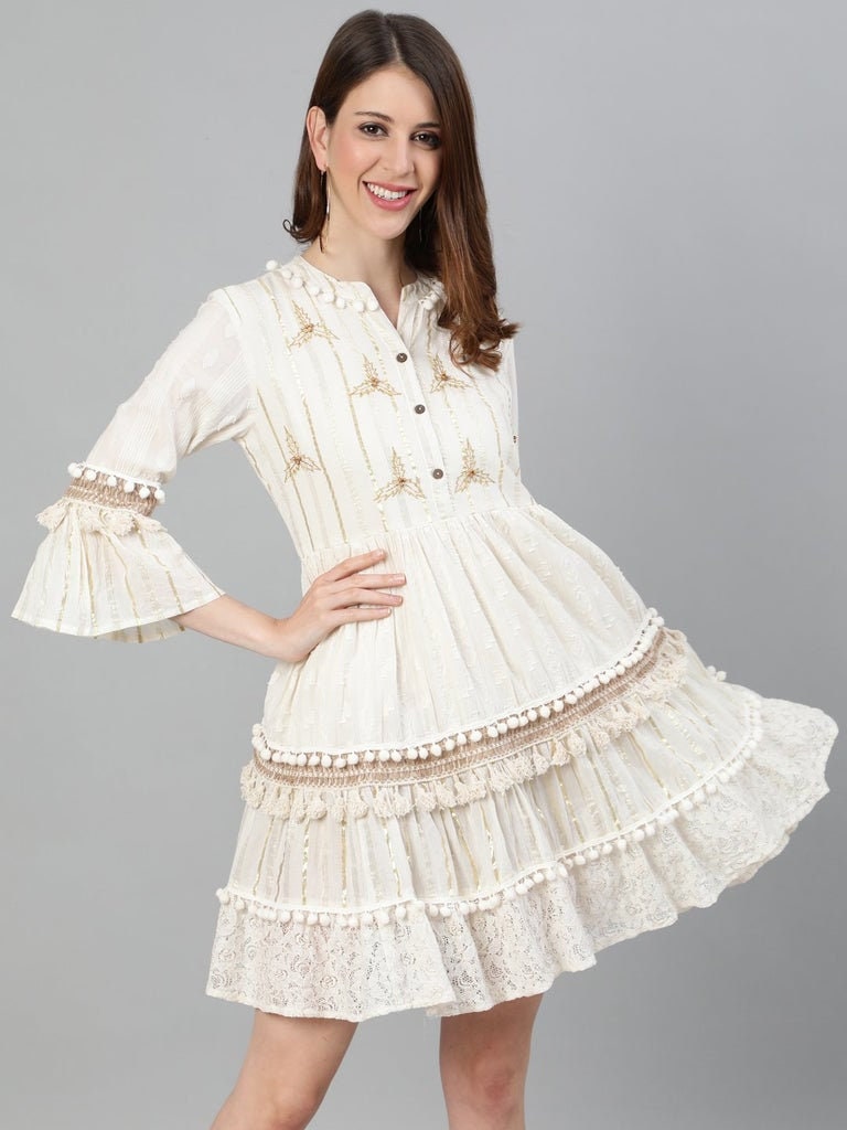 Off-White Self Design Cotton Fit and Flare Dress vitansethnics