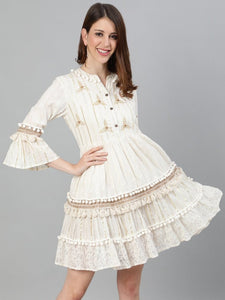Off-White Self Design Cotton Fit and Flare Dress vitansethnics
