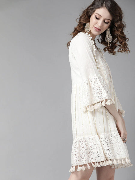 Off-White Pure Cotton Striped A-Line Dress vitansethnics