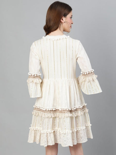 Off-White Self Design Cotton Fit and Flare Dress vitansethnics