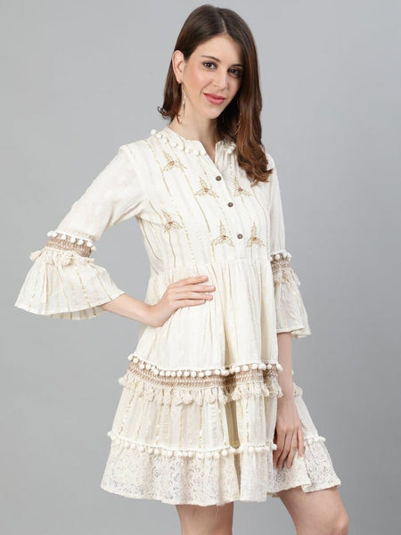 Off-White Self Design Cotton Fit and Flare Dress vitansethnics