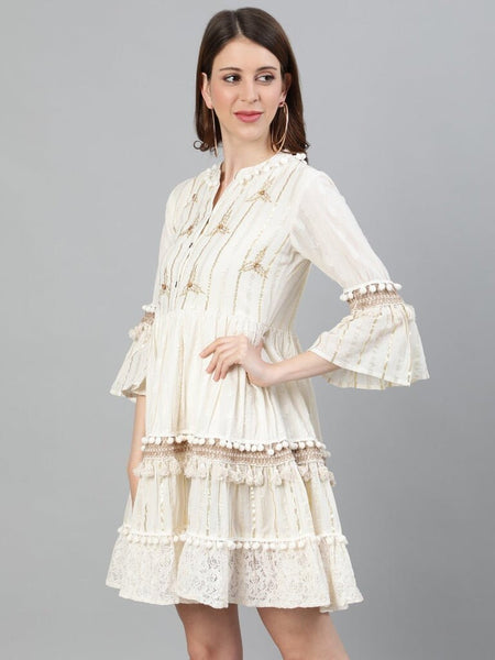 Off-White Self Design Cotton Fit and Flare Dress vitansethnics