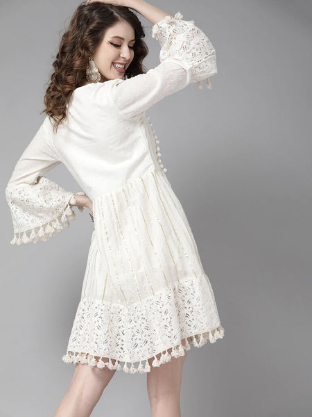 Off-White Pure Cotton Striped A-Line Dress vitansethnics