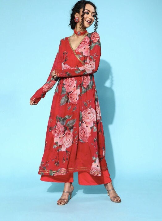Poly-Georgette Romantic Florals Kurta Set VitansEthnics