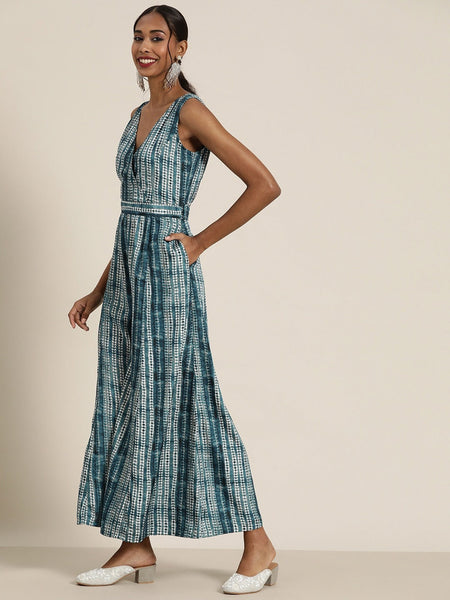 Teal & White Shibori Printed Wrap Jumpsuit VitansEthnics