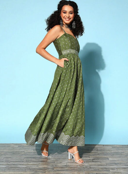 Tranquil Olive Ethnic Maxi Dress VitansEthnics
