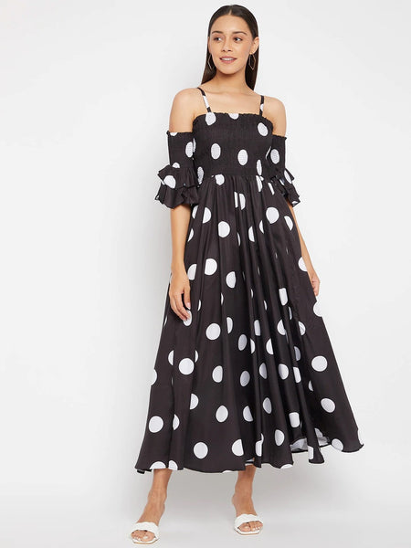 Women Black Base and White Polka Dot Printed Maxi Dress, Indo-Western Dress for women, Flared Maxi Dress, Off Shoulder Maxi Dress VitansEthnics