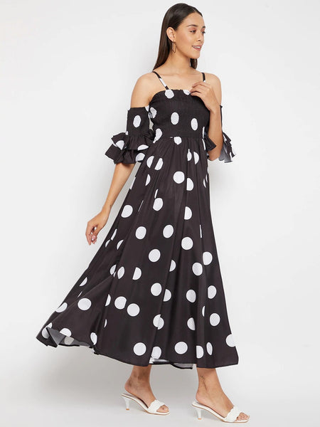 Women Black Base and White Polka Dot Printed Maxi Dress, Indo-Western Dress for women, Flared Maxi Dress, Off Shoulder Maxi Dress VitansEthnics