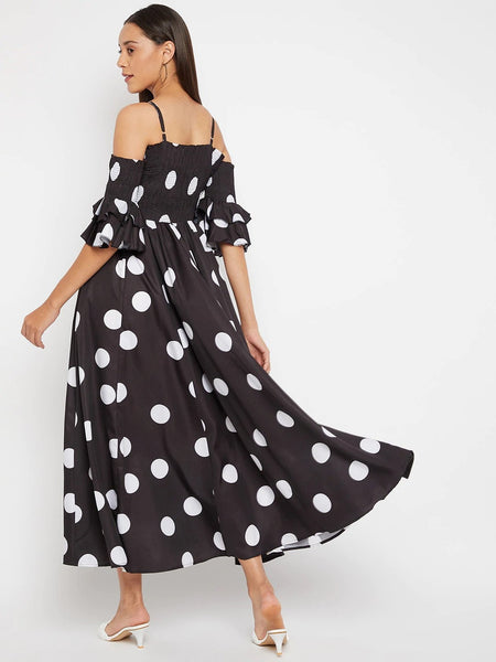 Women Black Base and White Polka Dot Printed Maxi Dress, Indo-Western Dress for women, Flared Maxi Dress, Off Shoulder Maxi Dress VitansEthnics