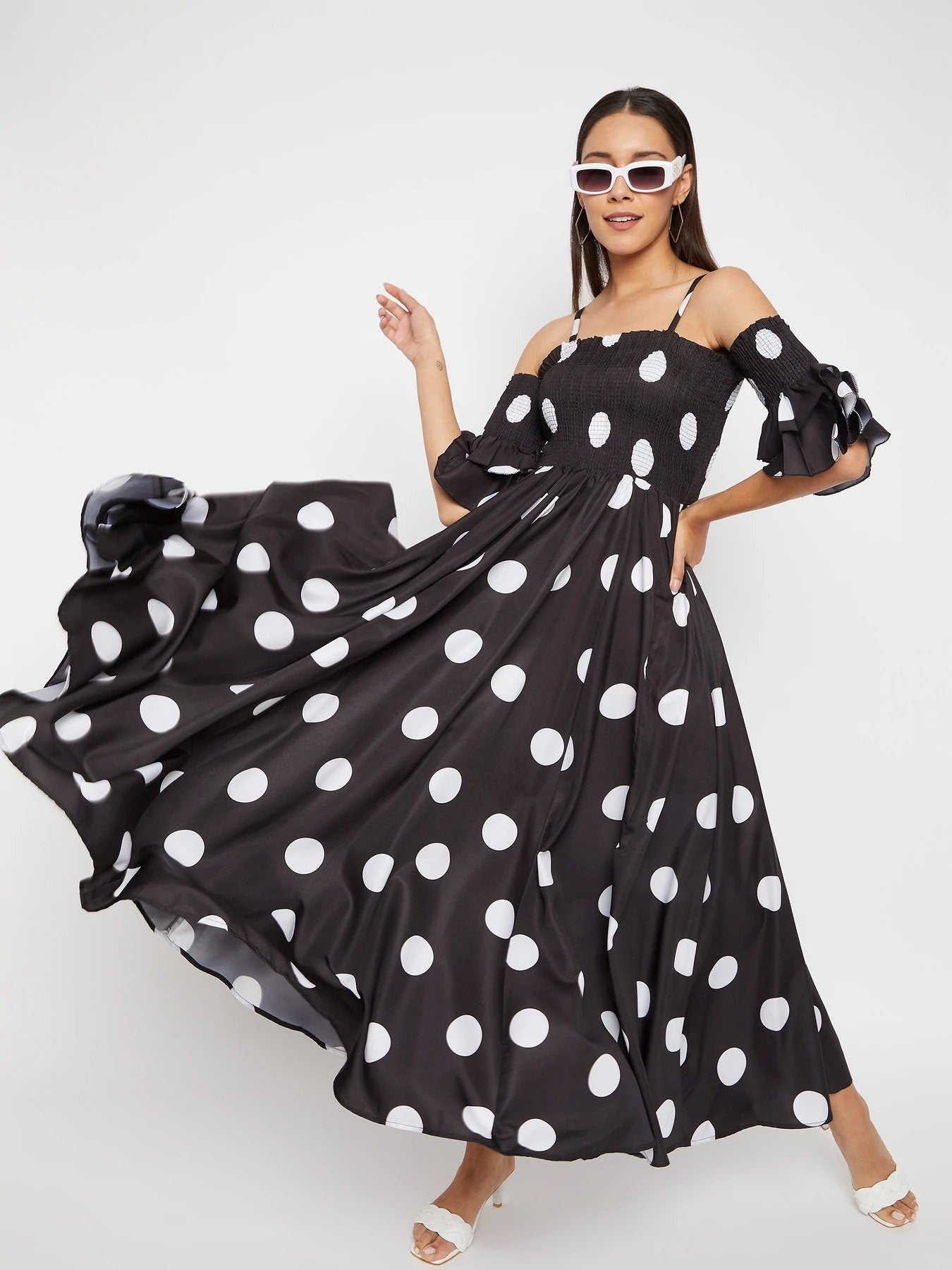 Women Black Base and White Polka Dot Printed Maxi Dress, Indo-Western Dress for women, Flared Maxi Dress, Off Shoulder Maxi Dress - VitansEthnics XL Women Black Base and White Polka Dot Printed Maxi Dress, Indo-Western Dress for women, Flared Maxi Dress, Off Shoulder Maxi Dress - VitansEthnics XL