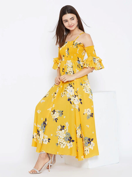 Women Yellow Floral Print Maxi Dress, Indo-Western Dress for women, Flared Maxi Dress, Off Shoulder Maxi Dress, summer prints dresses VitansEthnics