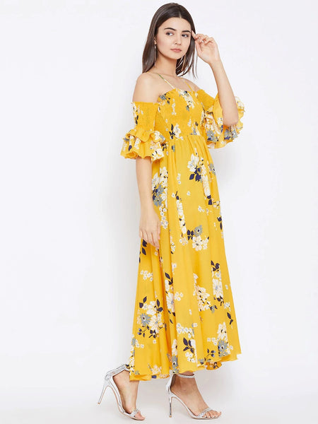 Women Yellow Floral Print Maxi Dress, Indo-Western Dress for women, Flared Maxi Dress, Off Shoulder Maxi Dress, summer prints dresses VitansEthnics