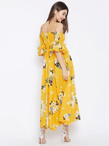Women Yellow Floral Print Maxi Dress, Indo-Western Dress for women, Flared Maxi Dress, Off Shoulder Maxi Dress, summer prints dresses VitansEthnics