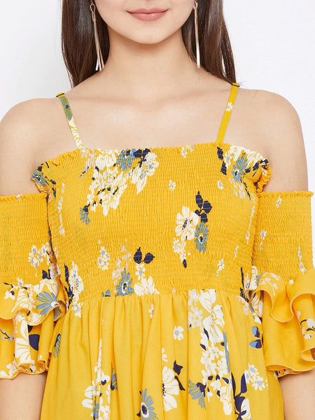 Women Yellow Floral Print Maxi Dress, Indo-Western Dress for women, Flared Maxi Dress, Off Shoulder Maxi Dress, summer prints dresses VitansEthnics