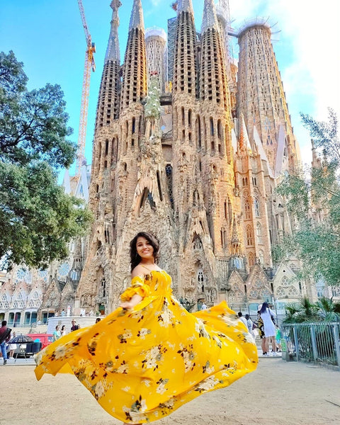 Women Yellow Floral Print Maxi Dress, Indo-Western Dress for women, Flared Maxi Dress, Off Shoulder Maxi Dress, summer prints dresses VitansEthnics