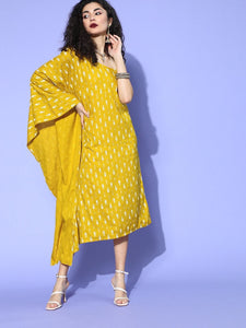 Mustard Ethnic Motifs Dress | One Shoulder Kaftan Dress VitansEthnics