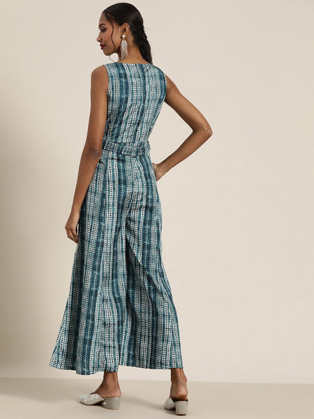 Teal & White Shibori Printed Wrap Jumpsuit VitansEthnics