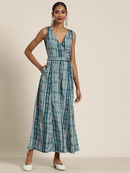 Teal & White Shibori Printed Wrap Jumpsuit VitansEthnics