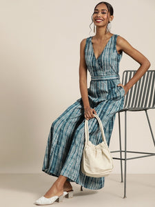 Teal & White Shibori Printed Wrap Jumpsuit VitansEthnics