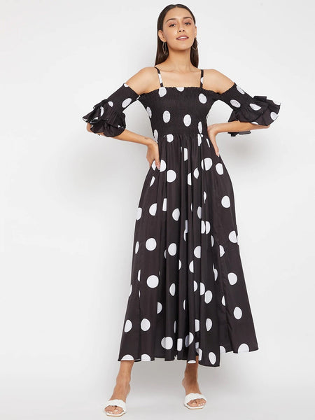 Women Black Base and White Polka Dot Printed Maxi Dress, Indo-Western Dress for women, Flared Maxi Dress, Off Shoulder Maxi Dress VitansEthnics