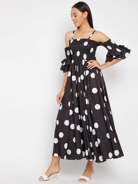 Women Black Base and White Polka Dot Printed Maxi Dress, Indo-Western Dress for women, Flared Maxi Dress, Off Shoulder Maxi Dress VitansEthnics