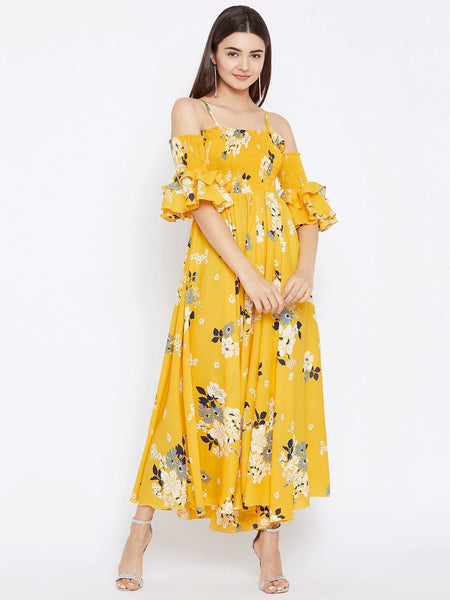 Women Yellow Floral Print Maxi Dress, Indo-Western Dress for women, Flared Maxi Dress, Off Shoulder Maxi Dress, summer prints dresses VitansEthnics