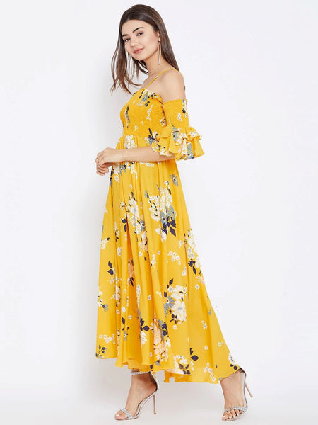 Women Yellow Floral Print Maxi Dress, Indo-Western Dress for women, Flared Maxi Dress, Off Shoulder Maxi Dress, summer prints dresses VitansEthnics
