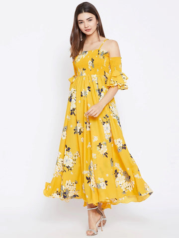 Women Yellow Floral Print Maxi Dress, Indo-Western Dress for women, Flared Maxi Dress, Off Shoulder Maxi Dress, summer prints dresses VitansEthnics
