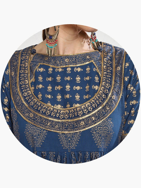 Women Navy Blue & Gold-Coloured Printed Anarkali Kurta, fit and flare style kurta, Indian Ethnic wear, Wedding wear kurta for women VitansEthnics