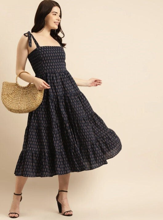 Navy Blue & Maroon Ethnic Motifs Ethnic Maxi Dress VitansEthnics