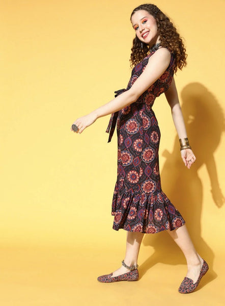 Classic Black Ethnic Motifs All in the Details Dress, Designer Indian Dress For Women, Floral Midi Dress, Indo Western Dress, Fusion Outfit VitansEthnics