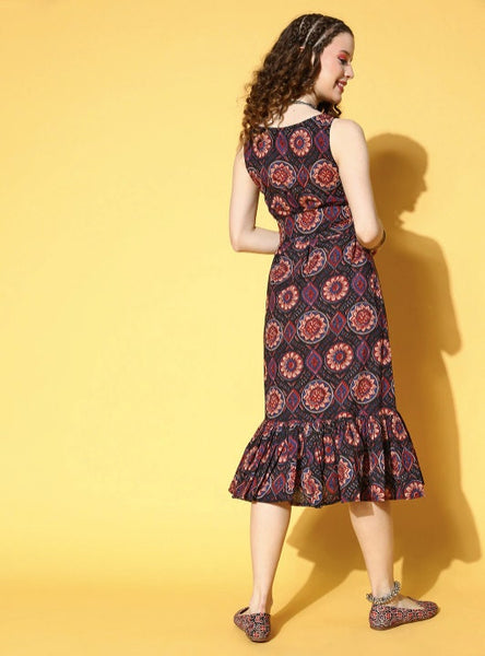 Classic Black Ethnic Motifs All in the Details Dress, Designer Indian Dress For Women, Floral Midi Dress, Indo Western Dress, Fusion Outfit VitansEthnics