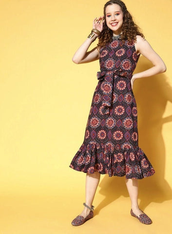 Classic Black Ethnic Motifs All in the Details Dress, Designer Indian Dress For Women, Floral Midi Dress, Indo Western Dress, Fusion Outfit VitansEthnics