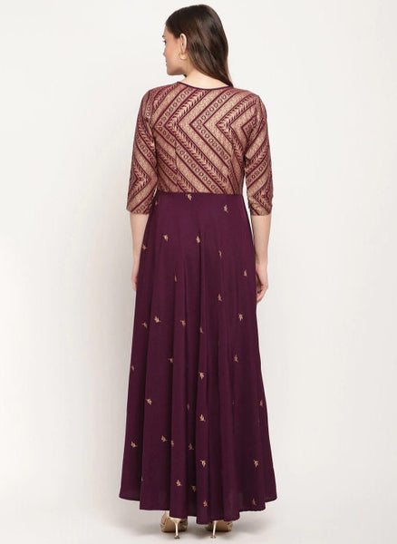 Burgundy And Golden Ethnic Printed Maxi Dress VitansEthnics