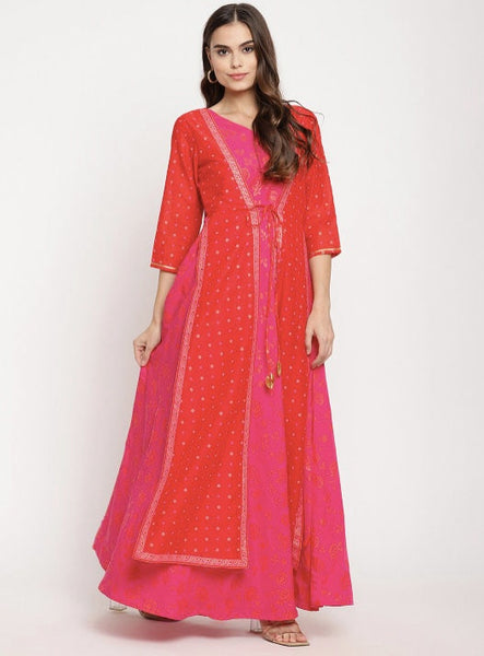 Pink Ethnic Motifs Layered Printed Maxi Dress VitansEthnics