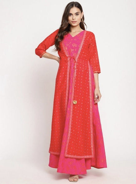 Pink Ethnic Motifs Layered Printed Maxi Dress VitansEthnics