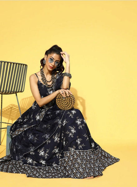 Deep Navy Blue Ethnic Motifs Draped Dress VitansEthnics
