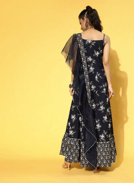 Deep Navy Blue Ethnic Motifs Draped Dress VitansEthnics