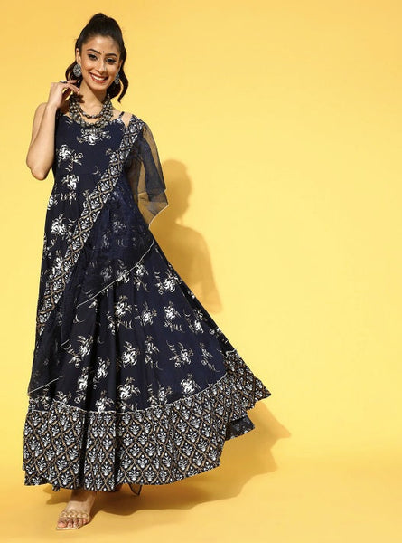 Deep Navy Blue Ethnic Motifs Draped Dress VitansEthnics