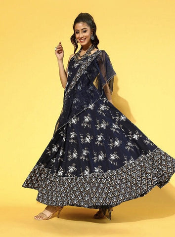 Deep Navy Blue Ethnic Motifs Draped Dress VitansEthnics