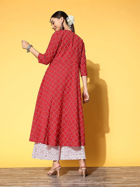 Women Red and Off-White Bandhani Print Pure Cotton Crop Top with Palazzos & Jacket, Indo Western Ethnic Set for women, wedding wear outfit VitansEthnics