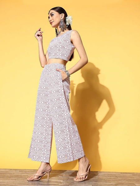 Women Red and Off-White Bandhani Print Pure Cotton Crop Top with Palazzos & Jacket, Indo Western Ethnic Set for women, wedding wear outfit VitansEthnics