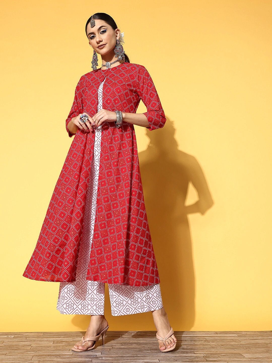Women Red and Off-White Bandhani Print Pure Cotton Crop Top with Palazzos & Jacket, Indo Western Ethnic Set for women, wedding wear outfit VitansEthnics